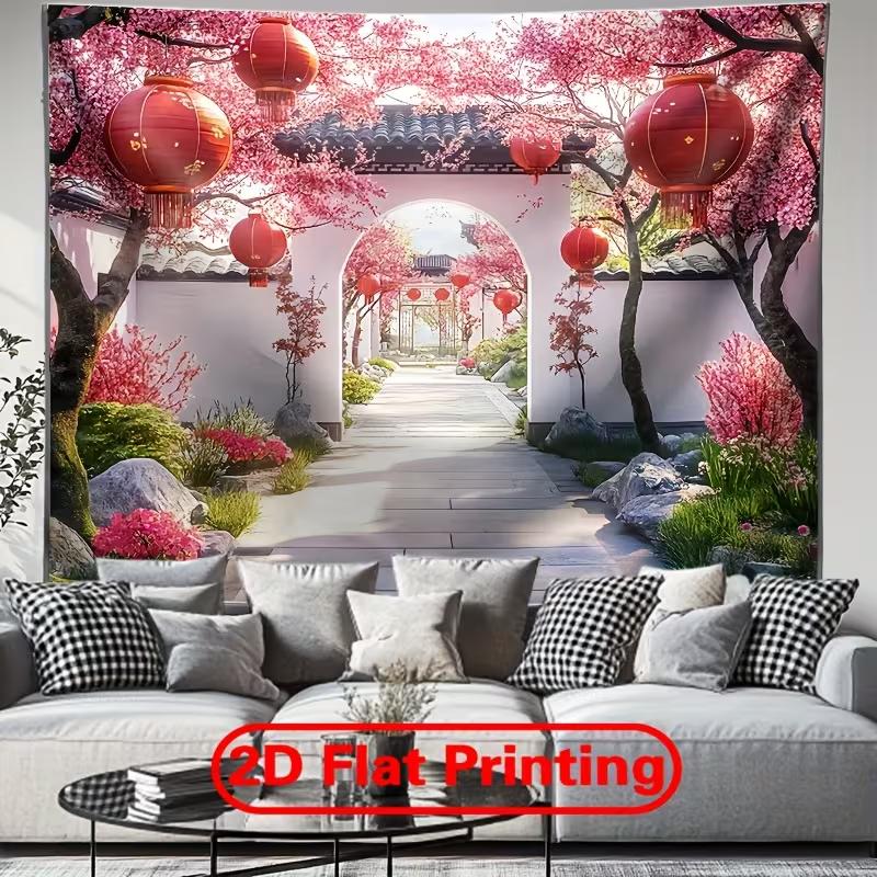 2D Feder Kirschblüten Zaunwand, Wasserdichte Chinesische Hofkulisse für Hof Terrasse Garten Dekoration