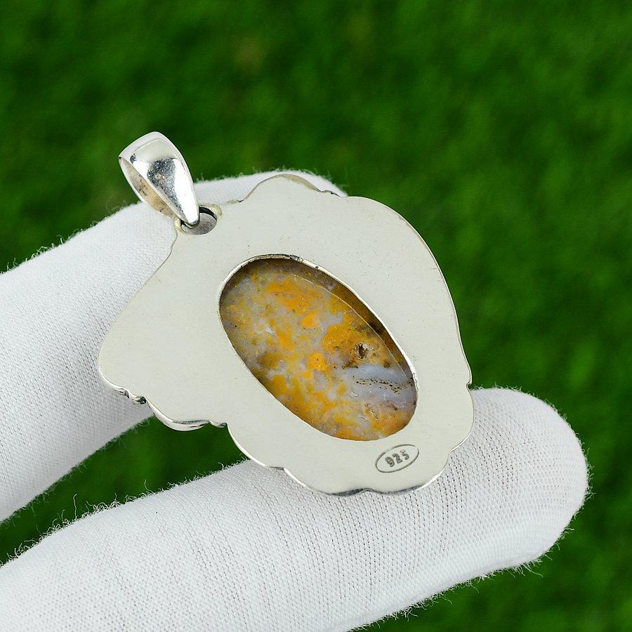 Natural Polka Dot Agate Gemstone Pendant Yellow 925 Sterling Silver Jewelry
