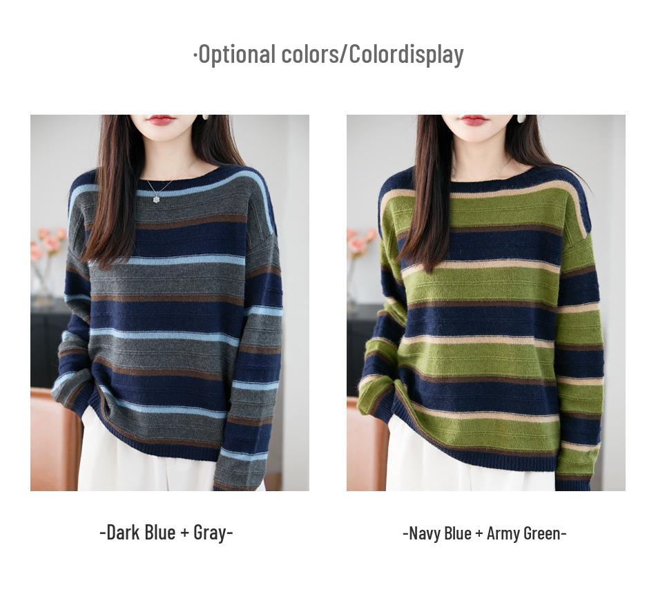 Women's Retro Striped Wool Base Layer Sweater - Loose Fit, Round Neck Knit with Long Sleeves