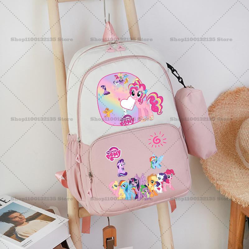 2pcs My Little Pony Backpack Pencil Case Girl Student Teenager Pink Book Bag Men Rucksack Travel Mochila Escolar Gift STEM DIY Model Kit 3D