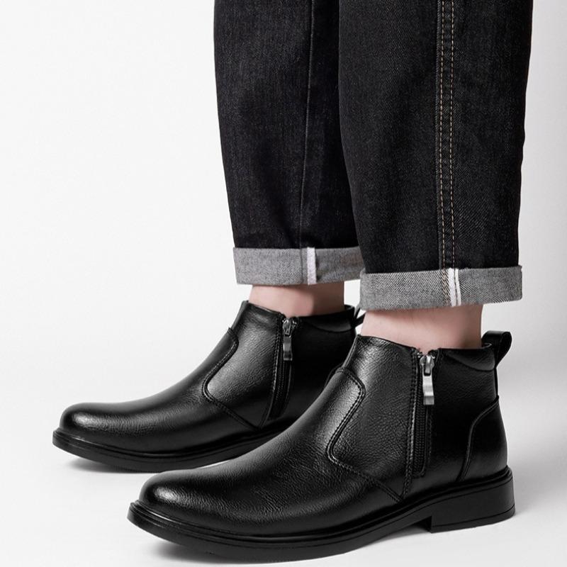 Fashion Men's High Top Leather Boots Classic Casual Ankle Boots Side Zip Cowhide Short Boots Plush Warm Winter Boot Men's Business Botas