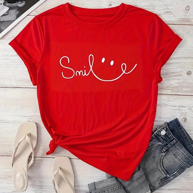 T-Shirt mit Buchstabenaufdruck und Rundhalsausschnitt, lässiges Kurzarm-Oberteil für Frühling & Sommer, Damenbekleidung