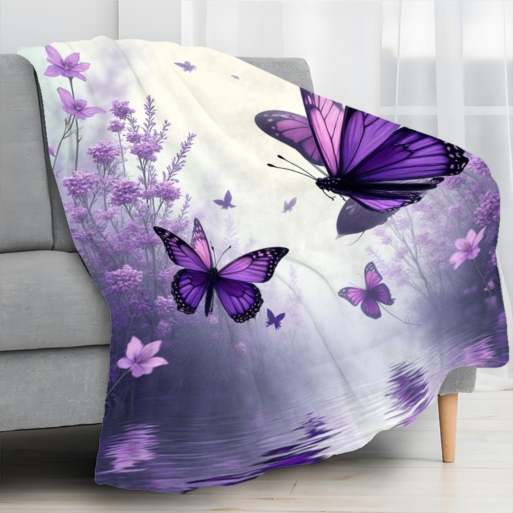 Floral Butterfly Blanket Purple Nature Scene Soft Fleece Throw Cozy Home Decor For Spring Season Relaxation Gift For Her
