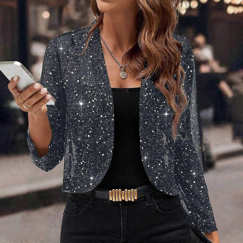 Women's Mesh 3/4 Sleeve Open Front Sequin Bolero Glitter Cropped Cardigan Jacket Cocktail Party Shrug Short Coats Sea Blue XXL New Arrival