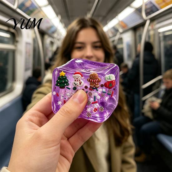 Clear Cube Squeeze Toy Christmas Stress Sensory Toy, Anxiety Relief Ice with Soft Toys Snowman Tree Snowflake, Xmas Stocking Stuffers