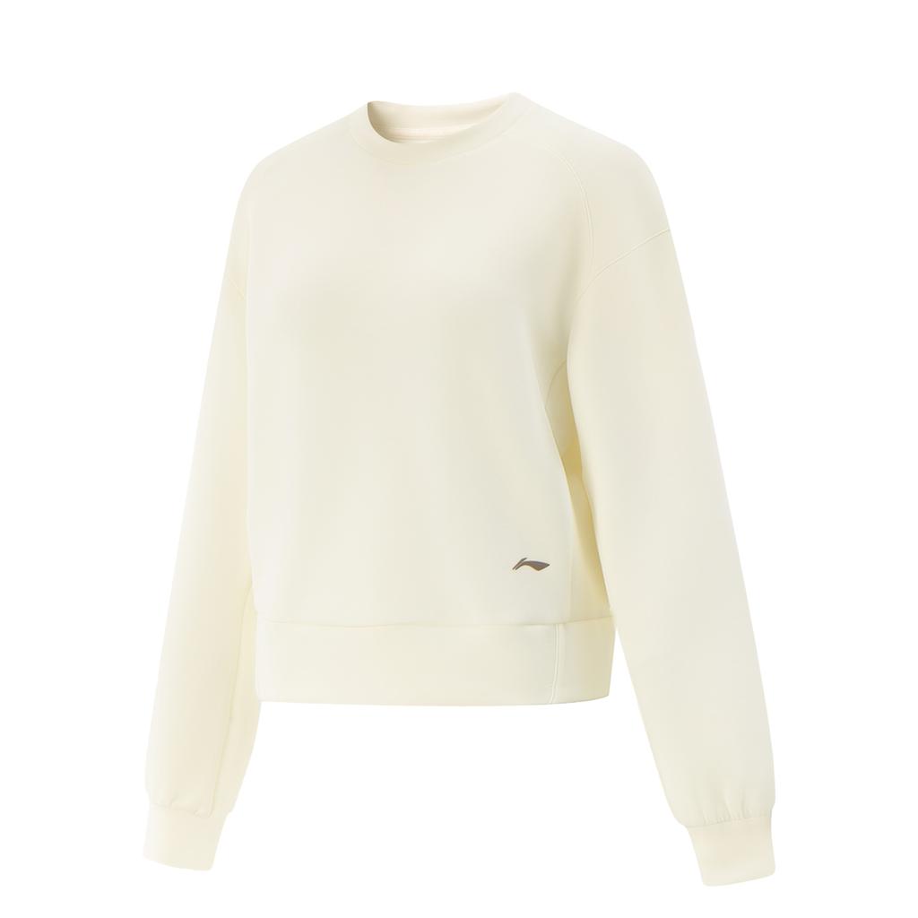 Li-Ning Comfortable Loose Fit Drop Shoulder Simple Versatile Solid Color Crew Neck Pullover Sweatshirt Women Sweatshirt Mother-Of-Pearl AWDV508-1