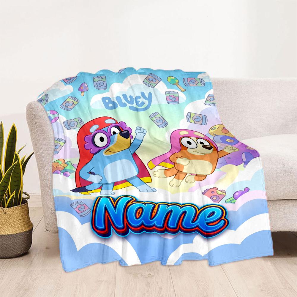 Bluey Family Adventure Customize Text Blanket Cozy Personalized Blanket Durable Comfort Perfect for Couch Home Decor Nap Picnics
