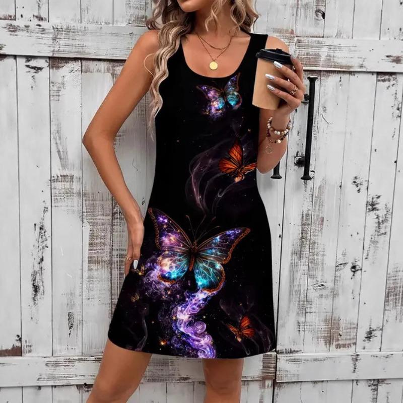 Casual Loose Round Neck Sleeveless Vest Fashion Print Casual Dresses S