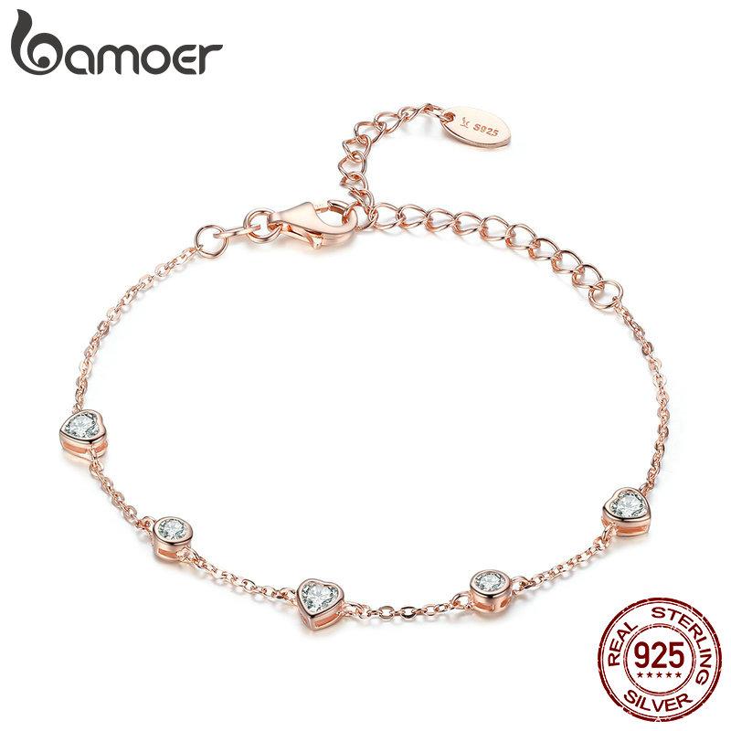 BAMOER Classic 925 Silver Heart Gold Color Women Bracelets Chain Lobster Clasp Bracelet Silver Jewelry SCB097