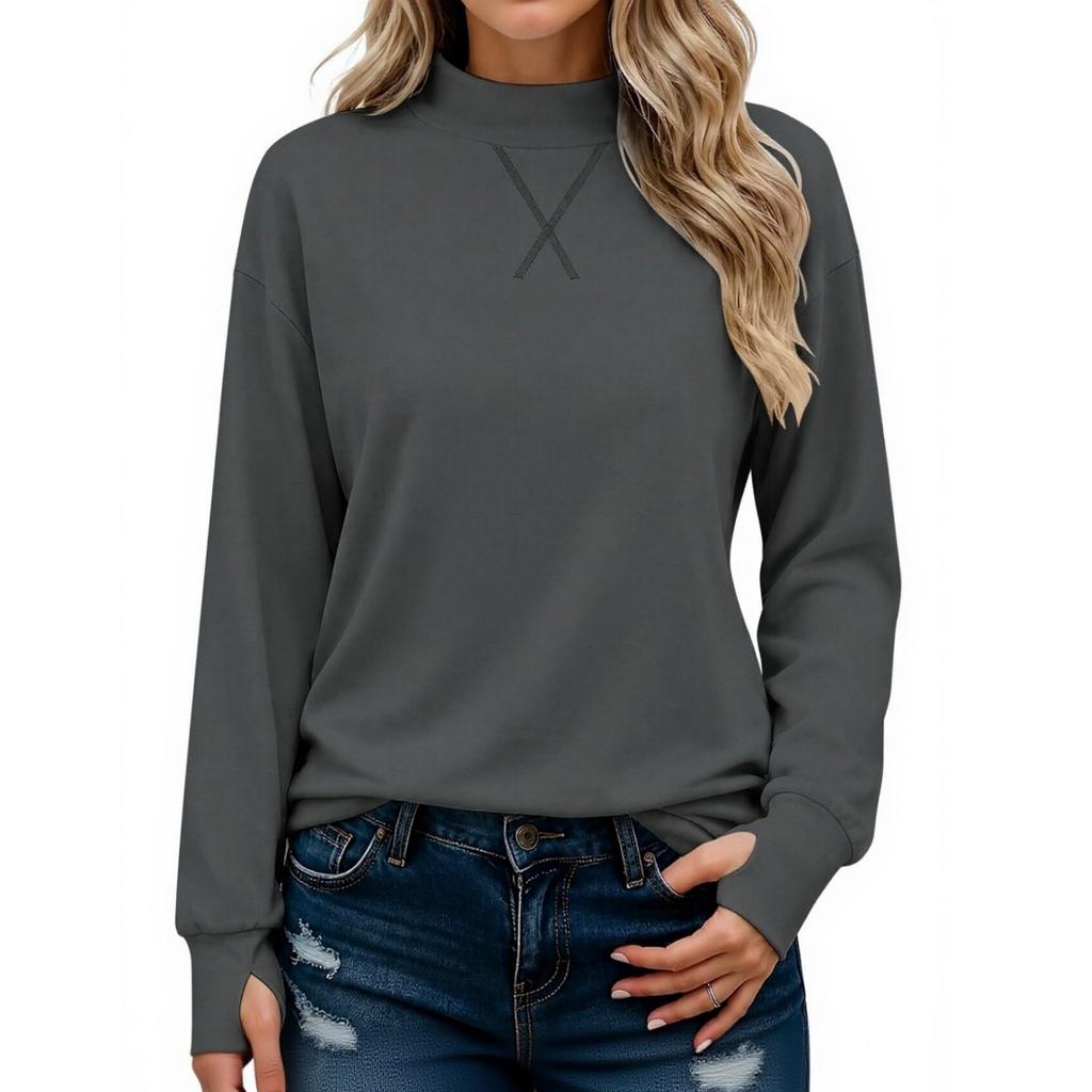 Women's Casual Mock Neck Long Sleeve Top with Thumb Holes