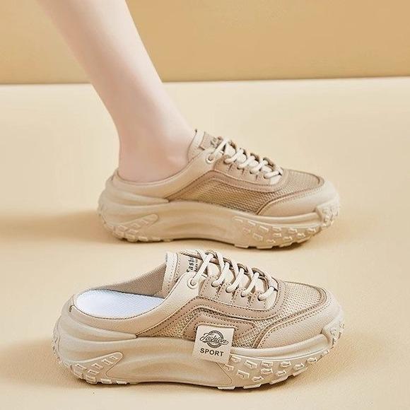 Color Blocked Thick Sole Toe Half Slippers for Women In Spring and Summer , Mesh Casual Shoes, Breathable Sports Style, Outdoor Slippers