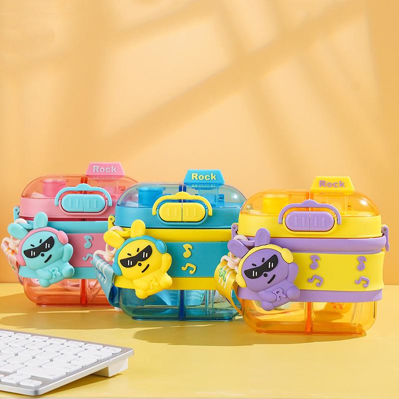 Summer Rock Rabbit Double Compartment Kids' Straw Cup - Large Capacity, Cute Cartoon Design