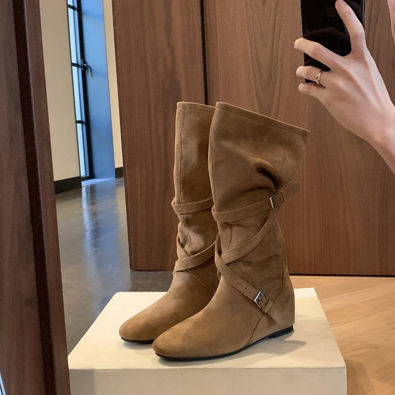 Height-increasing Shoes, Women's Buckle Pleated Long Boots, Slimming Mid-calf Boots, Women's Shoes
