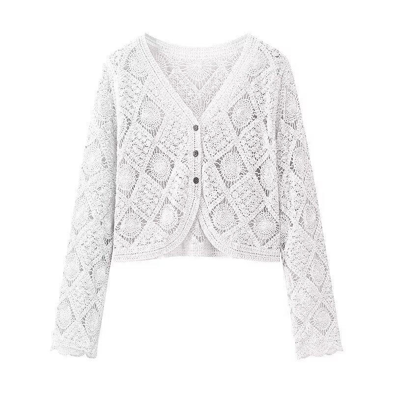 European and American style women's clothing, fashion temperament versatile simple niche knitted hollow cardigan top