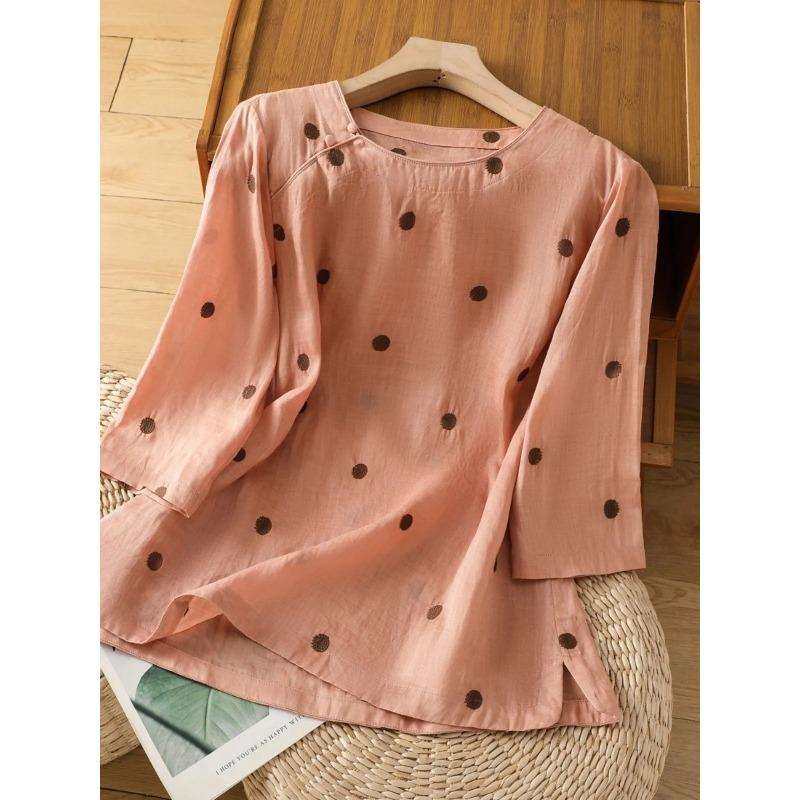 

Summer Printed Polka Dot Mid-sleeve Chinese Style Cotton Linen Top Artistic Round Neck Design T-shirt Women 2XL рожевий