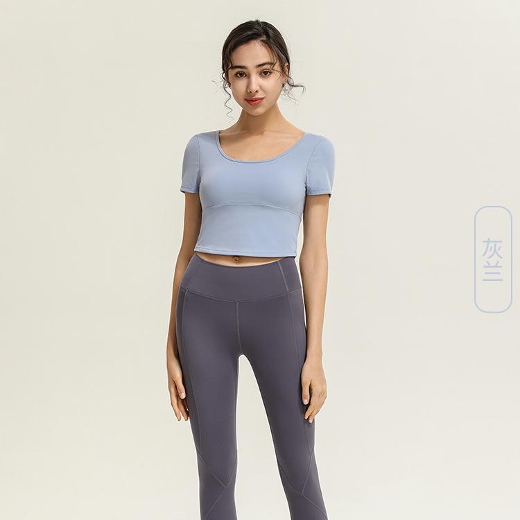 Temperament Naked with chest pad, beautiful back, short-sleeved T-shirt, women's sports running, yoga, dance, fitness tights