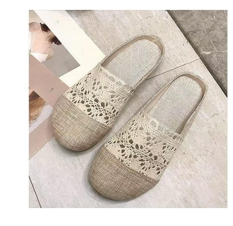 

Баотоу классные тапочки женские летние литературные и художественные ретро льняные кружевные полые туфли для беременных с плоской подошвой дышащие полутапочки женские 35