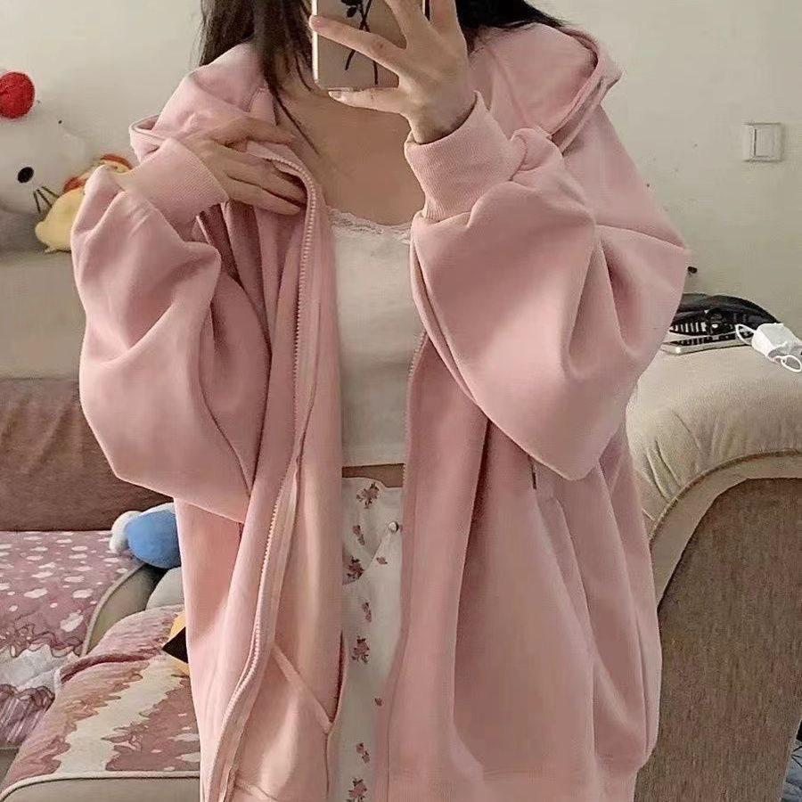 Women's Soft Pink Hooded Zip-Up Cardigan: Japanese Sweet Style, Long Sleeve, Loose Fit, Slimming Top for Spring/Summer