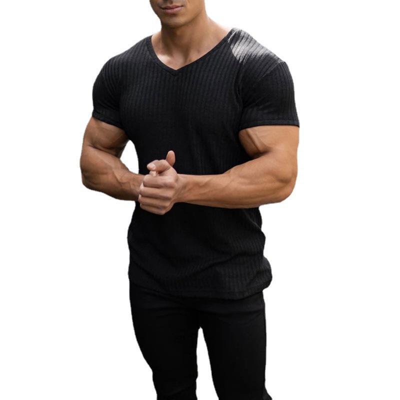 Summer Slim V-neck Sports Breathable Physical Spot Solid Color Short-sleeved Sweat T-shirt Men Short Sleeved