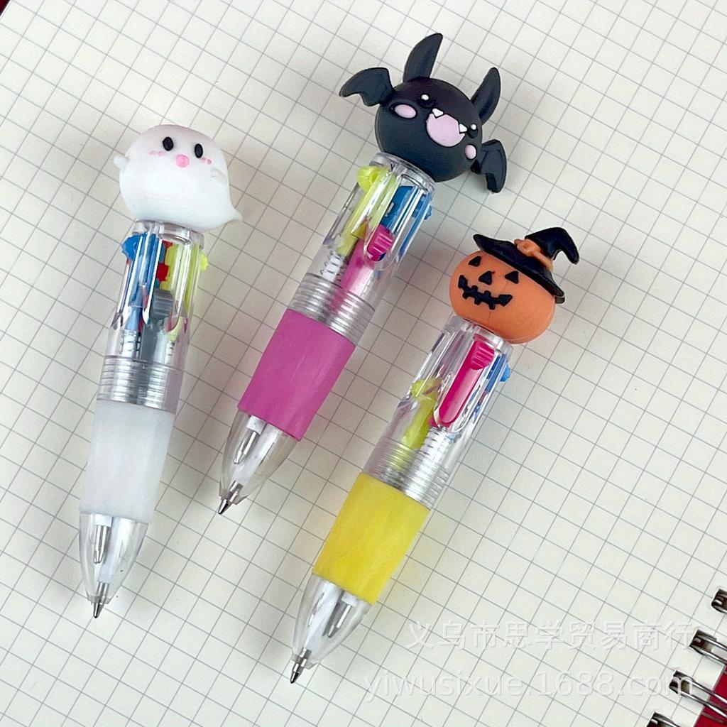 12pcs Cute Cartoon Retractable Ballpoint Pens for Halloween, 4-in-1 Color Ballpoint Pens, Pumpkin Bat Ghost Shaped, Suitable