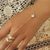 Minimalist Green Rhinestone Leaf Finger Ring Bracelet for Women Elegant Imitation Pearl Zircon Link Chain Hand Jewelry
