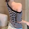New Arrivals Open Run Women Slim FiT STripe Off Shoulder ShorT Sleeve Crop T