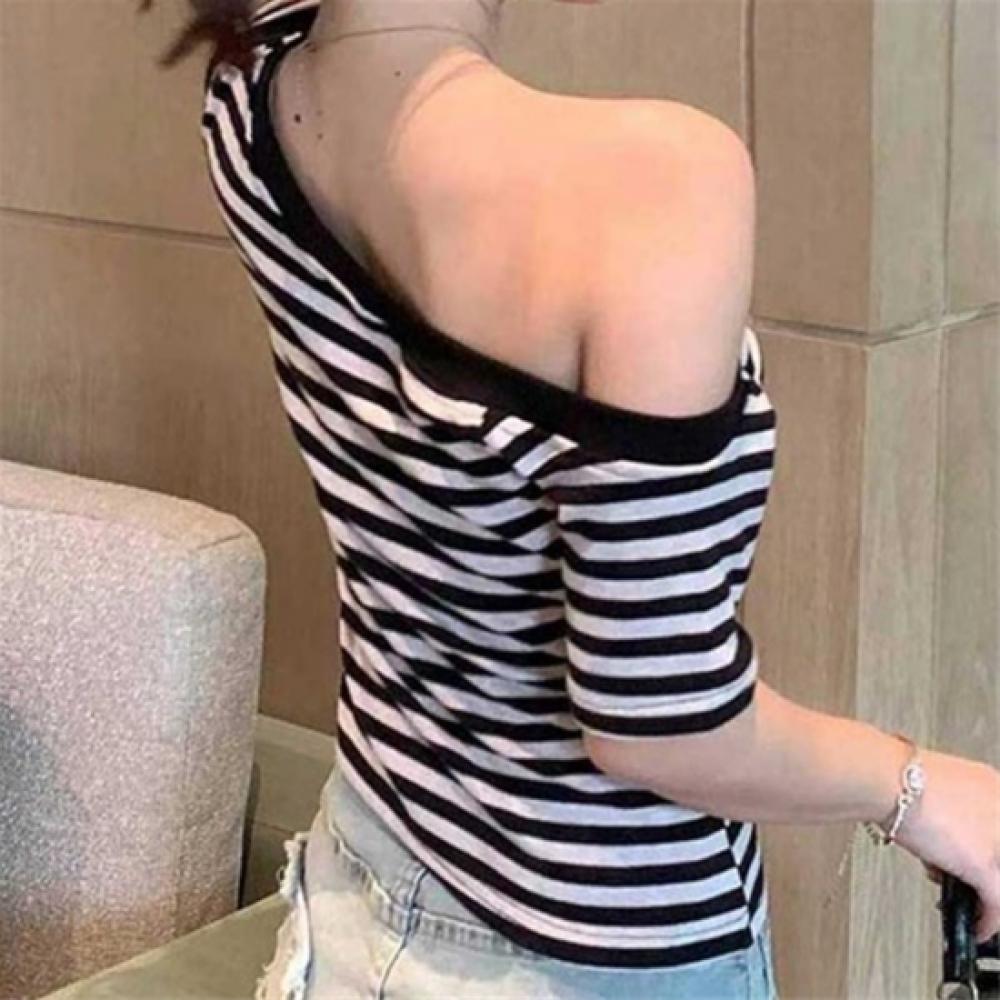New Arrivals Open Run Women Slim FiT STripe Off Shoulder ShorT Sleeve Crop T