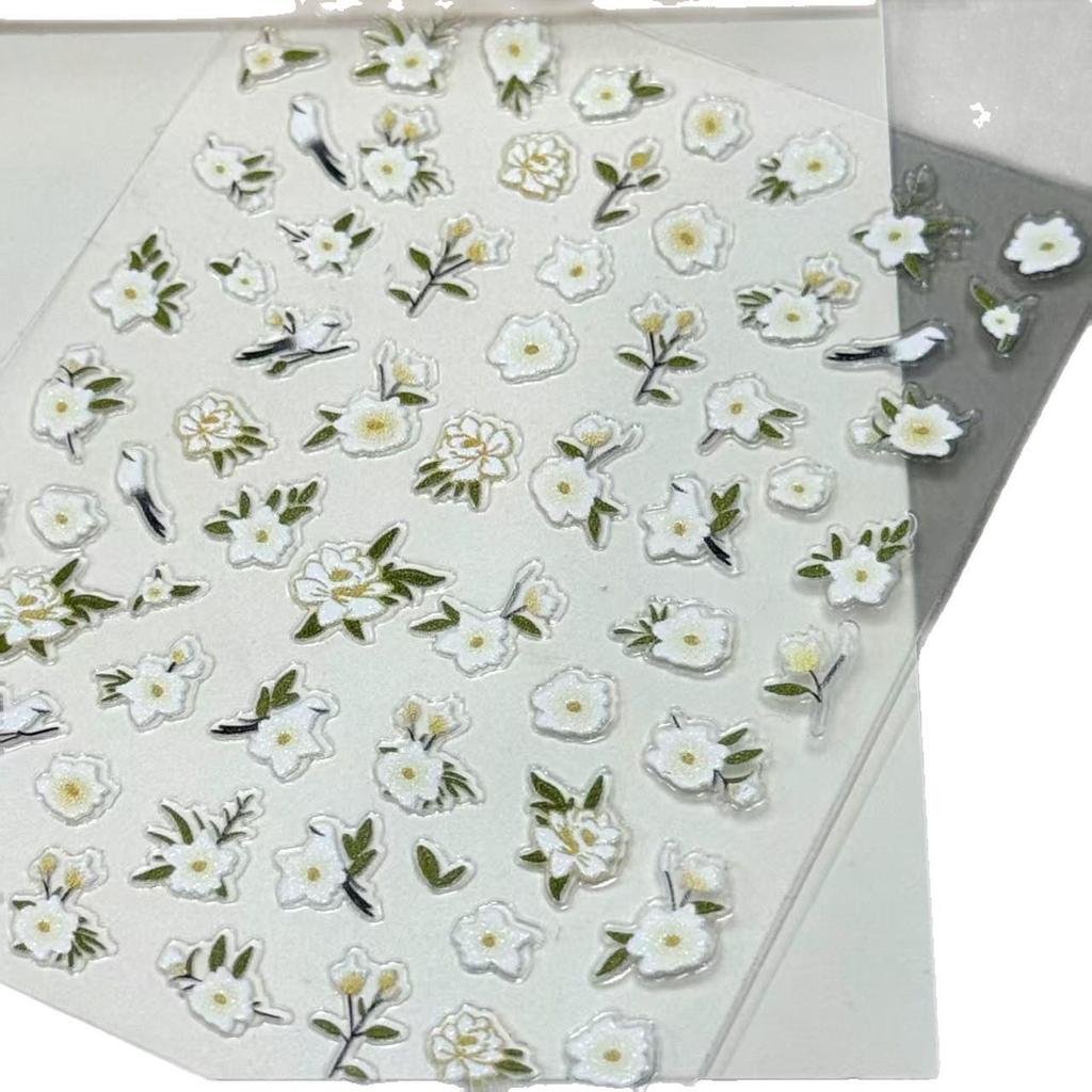 Elegante 3D-Kamelien- und Vogel-Nagelkunst-Sticker - Chinesisches florales Design