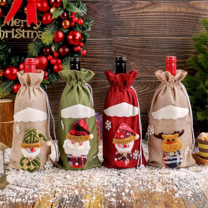 Weihnachtsfeier Dekorationsset 4 Stück Wiederverwendbarkeit Weihnachtsmann Flaschenhüllen für Festival Tischdekoration Haus Bar Zubehör