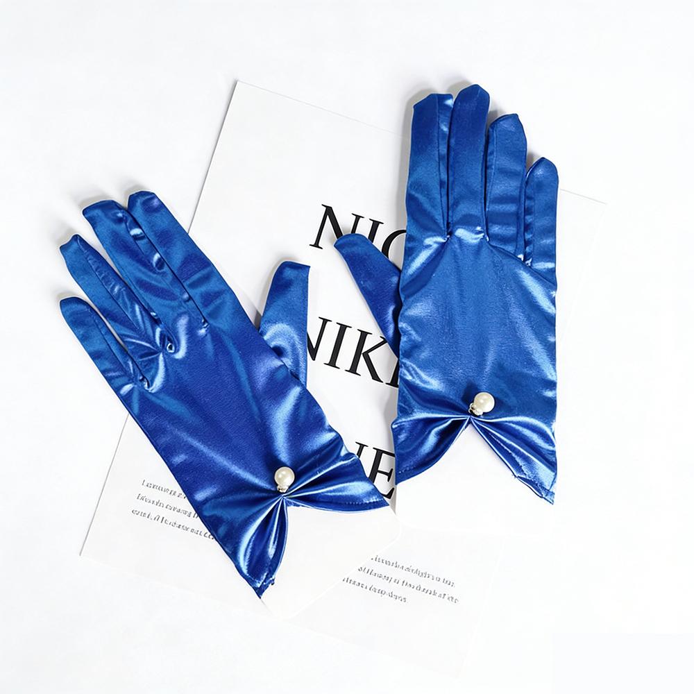Bridal Gloves Short Elegant Satin Wedding Glove With Pearl Bows Sun-protective Stretchable Vintage-style Gloves Accessories