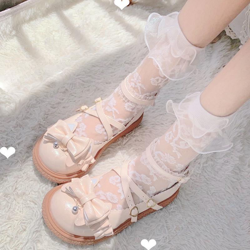 

Кружевные носки Лолита, прозрачные сетчатые носки для экипажа, милые летние тонкие носки до щиколотки с рюшами и бантом, милые летние тонкие носки до щиколотки.