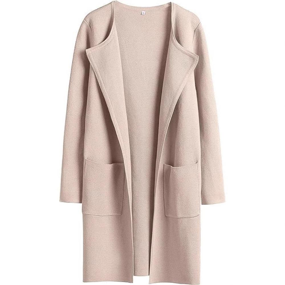Women's Turn Down Collar Long Sleeve Loose Fit Casual Long Knit Cardigan Solid Color Pocket Sweater Coat