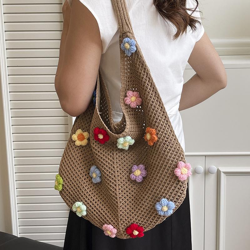 Woven Bag Women's New Shoulder Tote Bag Lazy Wind Knitted Hollow Flower Beach Bag