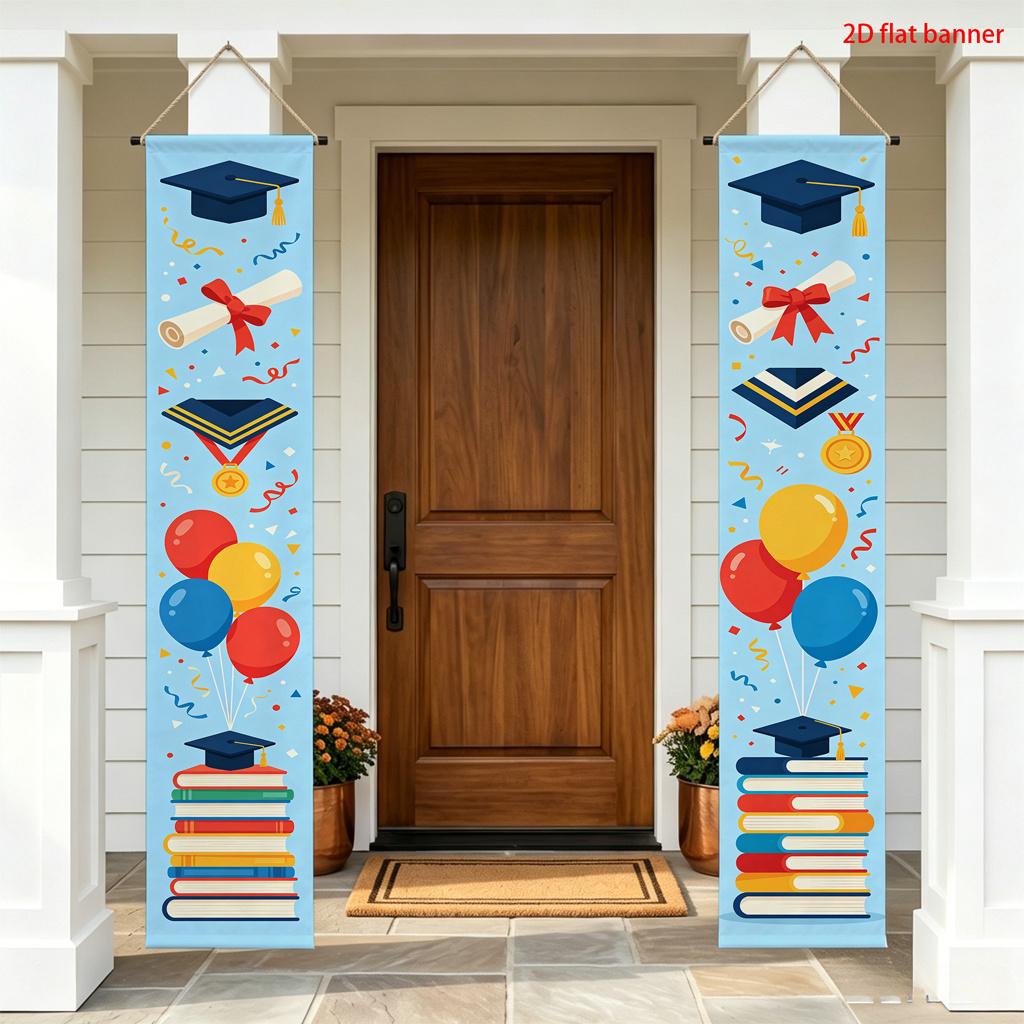 2D Flat, 2D Flat Banner, Set of 2, Graduation Season Cartoon-Themed Door Banner 30x180cm, Featuring Graduation Cap, Diploma, Medal, Books, Colorful B