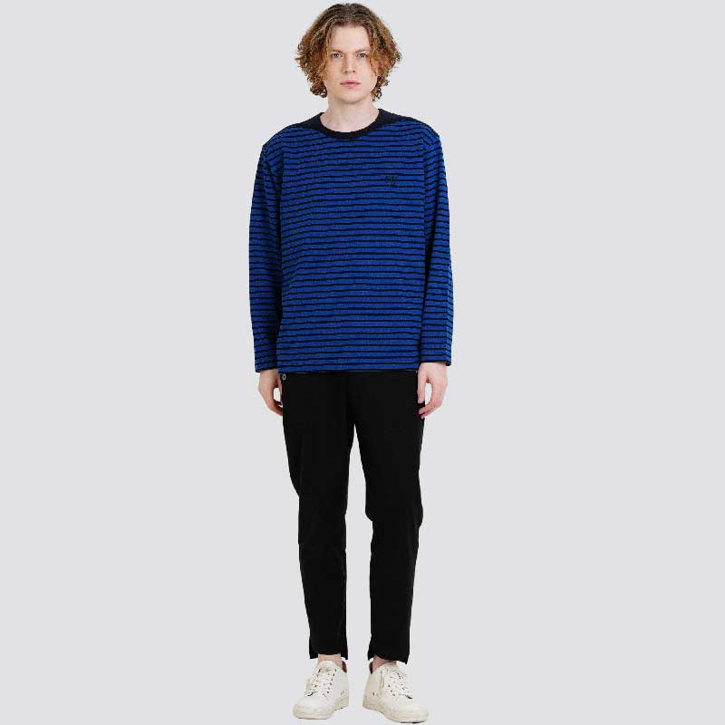 CUSTOMUS Contrast Shoulder Yarn-Dyed Stripe Long Sleeve Round Neck T-Shirt Cxs25Fkrt802 Blu