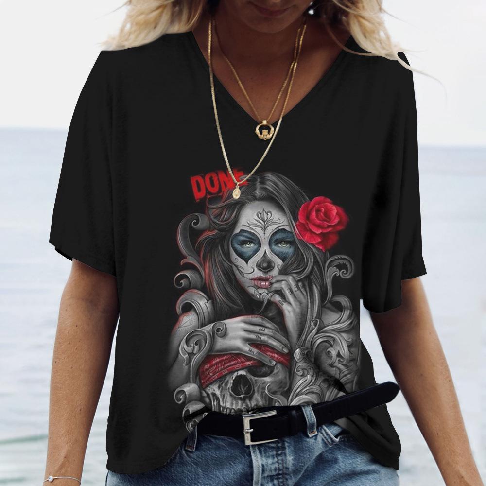 Summer V-neck 3D Funny Face Printed Top Fashionable Casual Short Sleeved Women's T-shirts