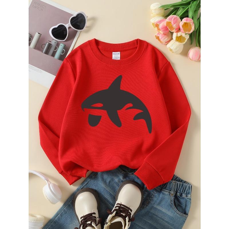 Girls' Long Sleeve Round Neck Sweatshirt with Printed Design White Shark Silhouette Suitable for Spring And Autumn, Fashionable And Casual