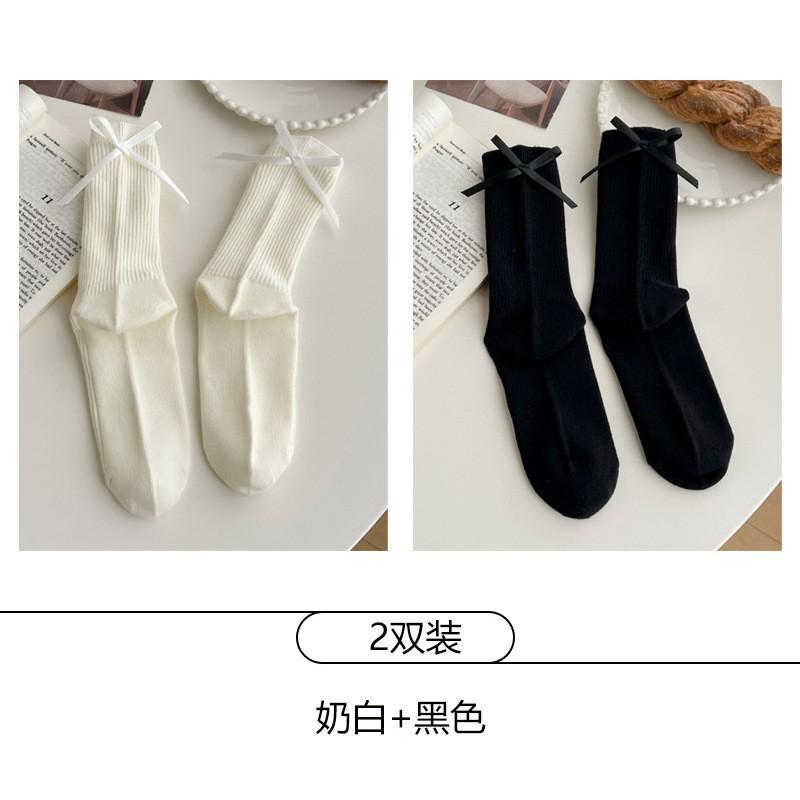 Womens Cotton Mid-Calf Socks With Bow Detail Japanese Style Ribbed Crew Soft Breathable Stackable Teens Young Adults