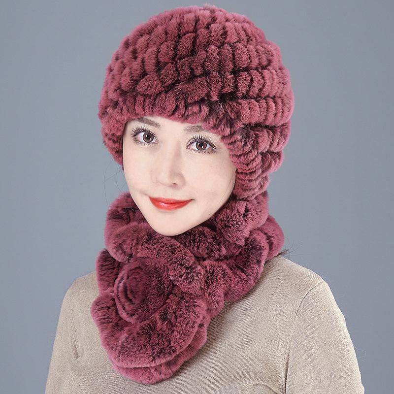 Middle-aged Rex rabbit hair hat female autumn and winter warm elderly grandmother ear protection fur mother wool scarf