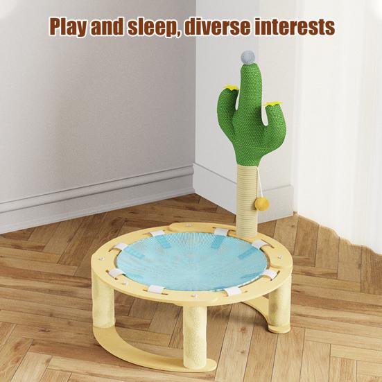 Elevated Cat Hammock Free-Standing Pet Bed Summer Breathable Raised Cat Hammock Bed with Spring Ball/Scratching Post for Indoor Cats