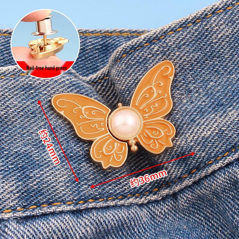 Butterfly Waist-Cinching No-Punch Jeans with Decorative Pearl Buttons