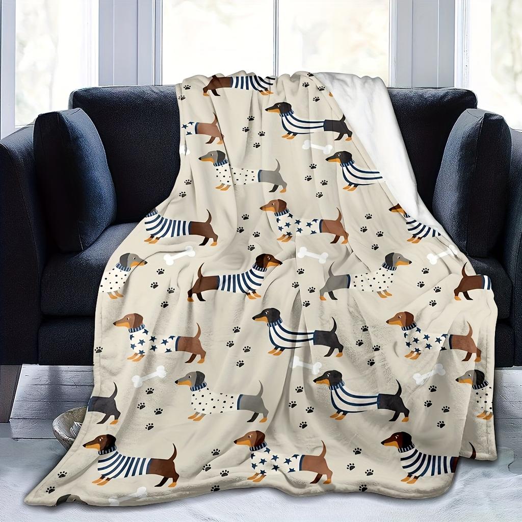 PetStyle Dackel Flanelldecke Bunt Gestreift Stern Hundemuster Pfote Knochen Elemente Weich Gemütlich Überwurf Sofa Couch Dekor