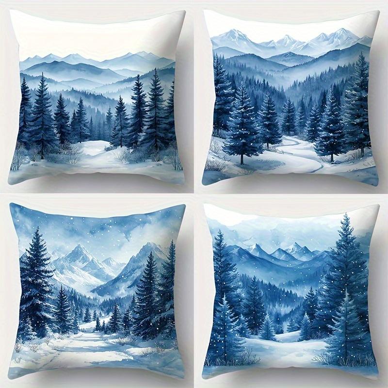 4pcs, Winter Pillowcase, Mountain Forest Snow Landscape Printed Cushion Cover, Watercolor Style, Single Side Printing, Washable Zipper Closure, Suitab
