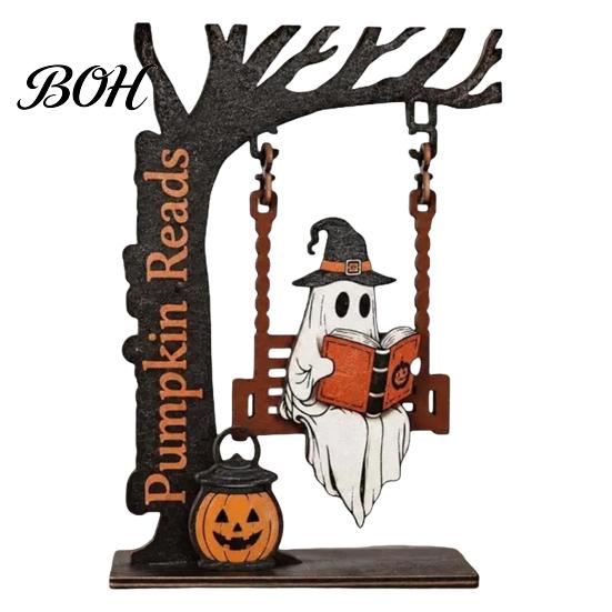 Handcrafted Wooden Art Pieces Halloween Desktop Swing Decor, Spooky Home Reading Ghost on A Figurine Wear Resistant Decorations for Living Room