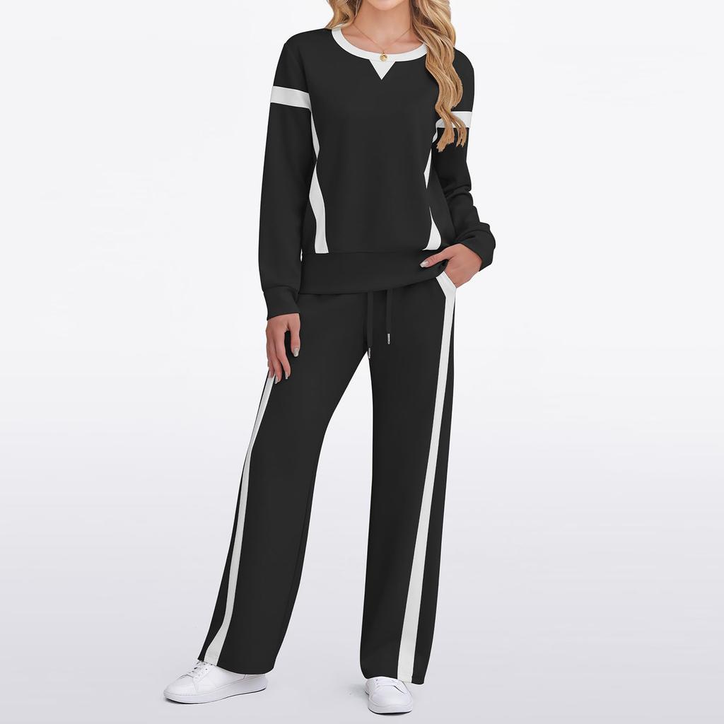 Women's Fashion Casual Long-Sleeve Solid Color Blocked Hoodie And Wide-Leg Pants Two-Piece Set