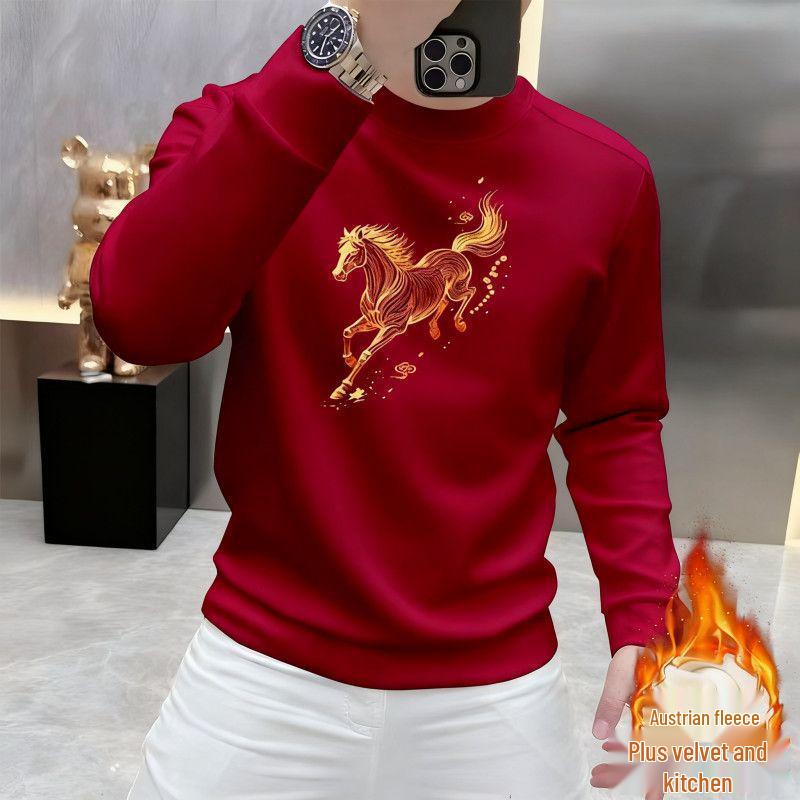 Men's Korean Style Year of the Horse Red Coral Fleece Hoodie, Thickened, Loose Fit, Pure Cotton, Round Neck, Autumn/Winter