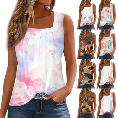 Women's Fashion Pleated Printed Square Neck Vest Top