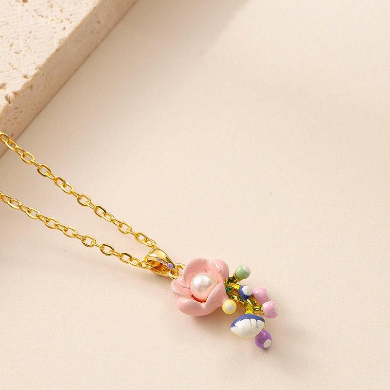 European and American new fashionable exquisite oil drop enamel pearl flower pendant necklace women's high-end collarbone chain
