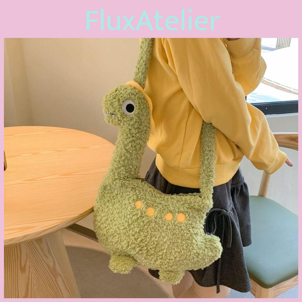 Cartoon Dinosaur Plush Bag For Girls Soft Toy Shoulder Wallet With Zipper Closure