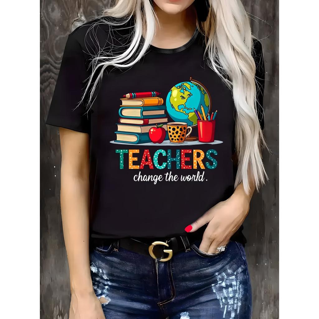 Print Women's Casual T-Shirt, Round Neck, Short Sleeved, Slightly Elastic Fabric, Regular Style, Comfortable Top for All Seasons